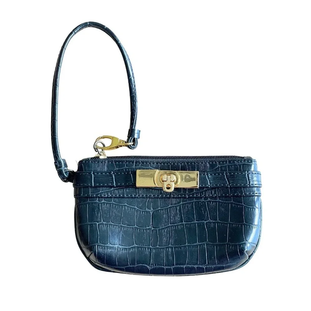 NY&Co VTG Y2K Black Croc Embossed Wristlet Purse Gold Hardware, New York & Co